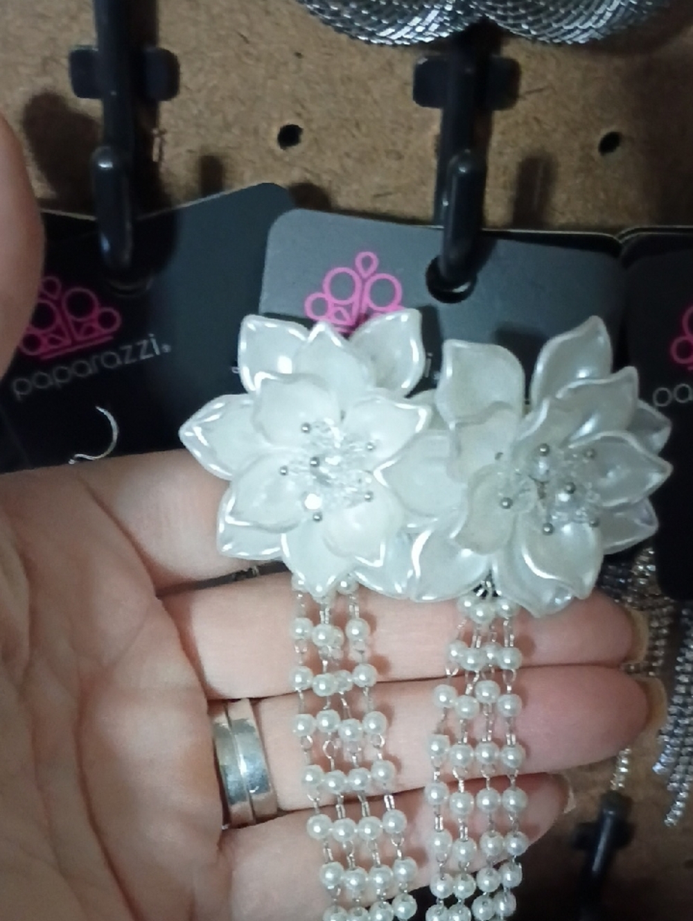 paparazzi White Floral Pearl Fringe Earrings